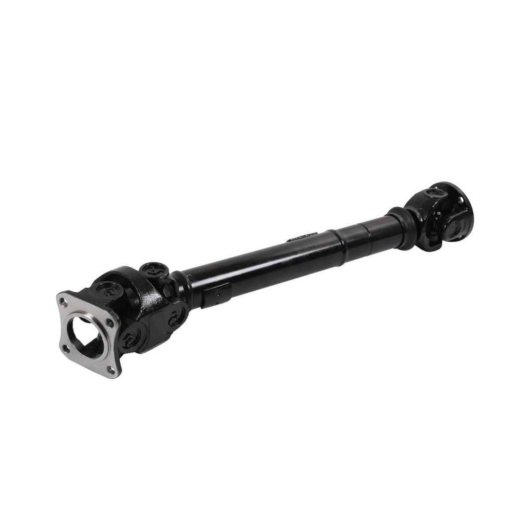 Black front drive shaft with U-joint and end yoke bracket, angled view.
