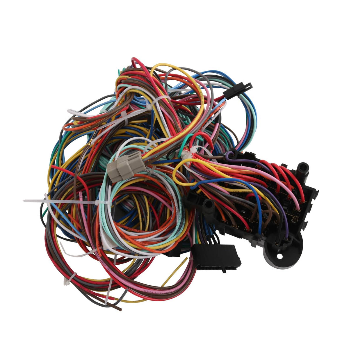 Universal wiring harness kit with long multicolored wires, terminals, and black connector pieces