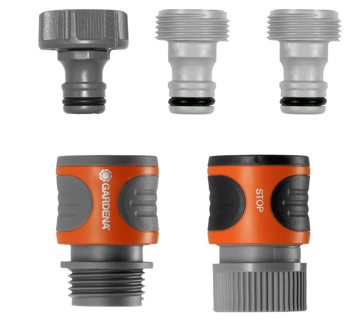Quick connect hose couplings set, orange and grey with black grips and threaded ends