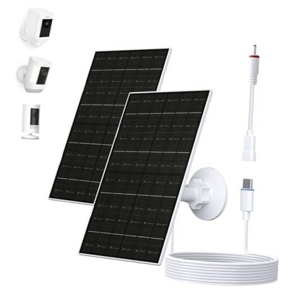 Solar panel charger kit with two black panels, wall mount, coiled cable, and connector.