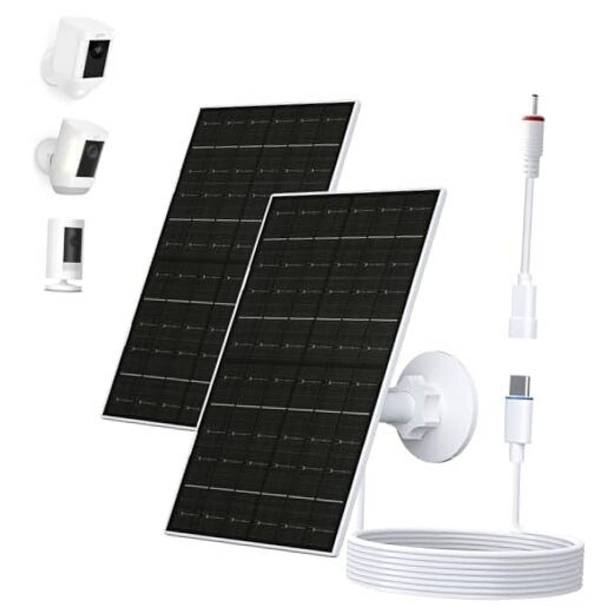 Solar panel charger kit with two black panels, wall mount, coiled cable, and connector.