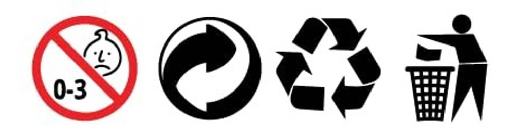 Black rule icons: no drinks allowed, refresh symbol, recycling, and trash bin