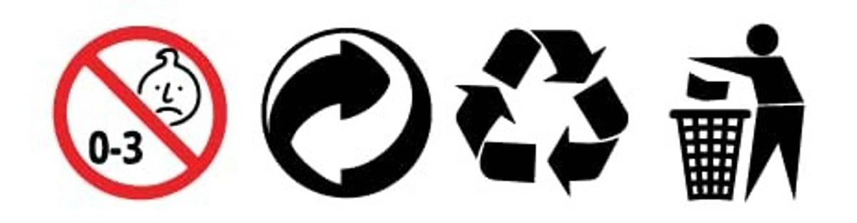 Black rule icons: no drinks allowed, refresh symbol, recycling, and trash bin
