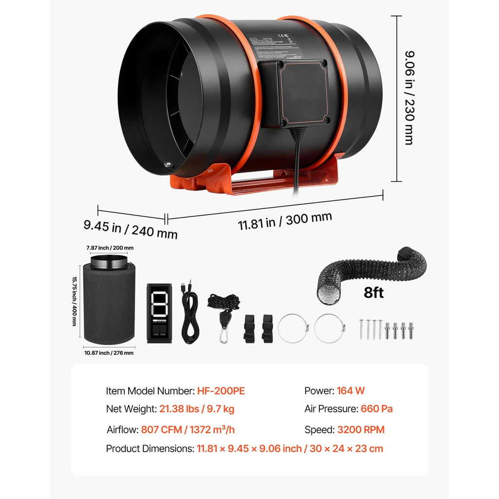 8-inch inline duct fan kit with controller, duct hose, mounting parts, and accessories