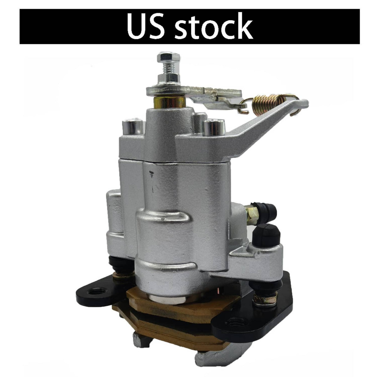 Rear brake caliper and pads, metal housing with mounting bolts and hydraulic fittings
