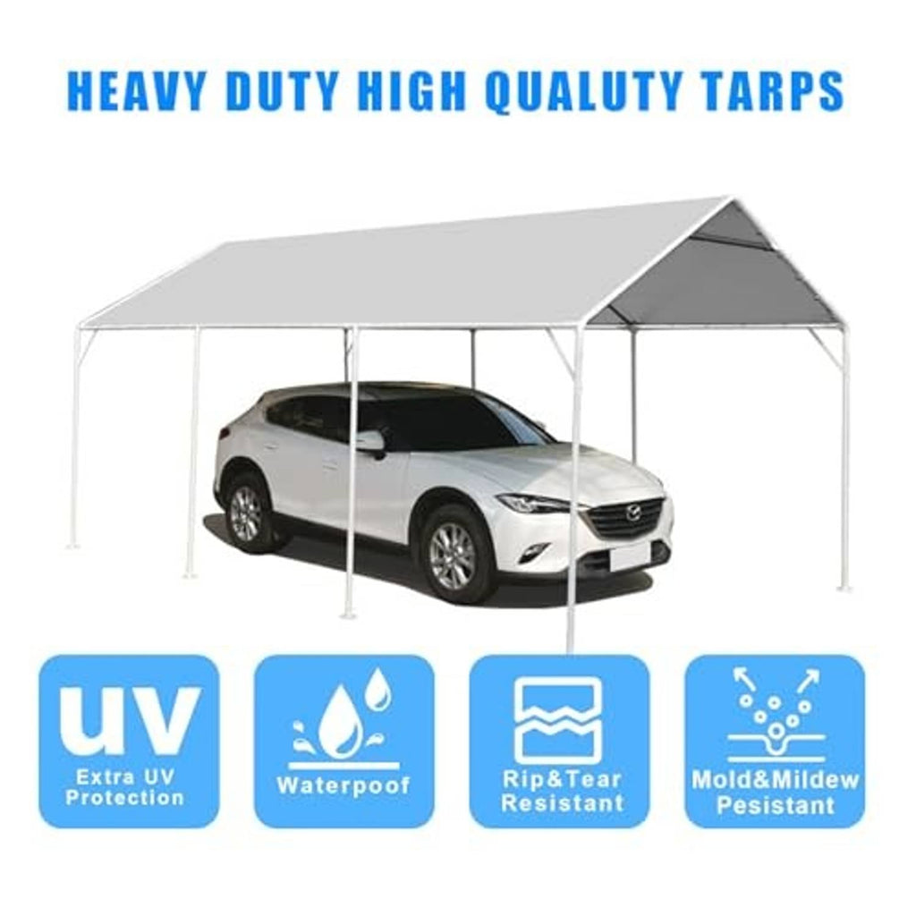 Carport replacement canopy cover with grey roof and white frame, covering a car.