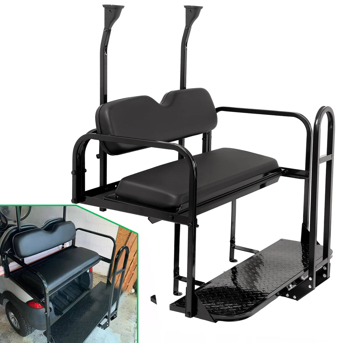 Black rear flip golf cart seat kit with backrests, grab bar, and textured step platform