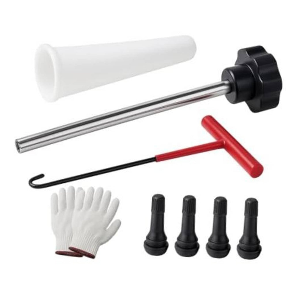 Car tire valve core replacement tool kit with metal rod, red T-handle, and white guide