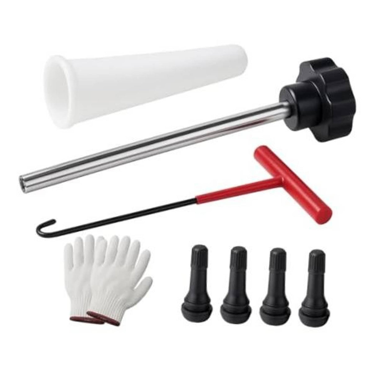 Car tire valve core replacement tool kit with metal rod, red T-handle, and white guide