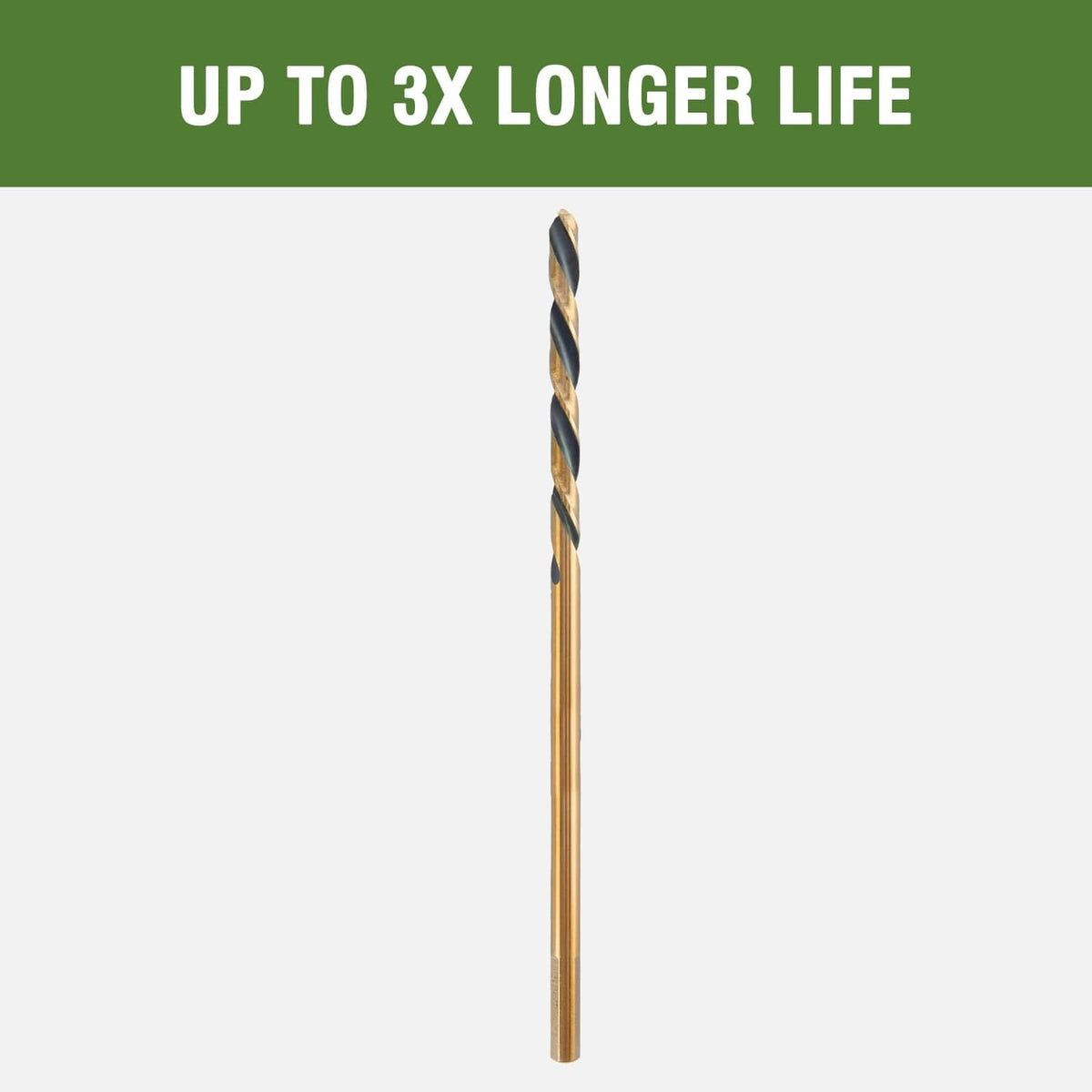 Extra-long drill bit with gold spiral flutes and black cutting tip, straight shank