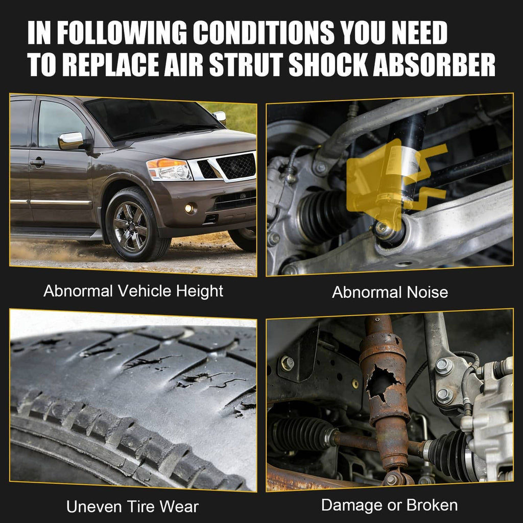 Rear air suspension shock absorber pair, black struts with warning labels and rod ends