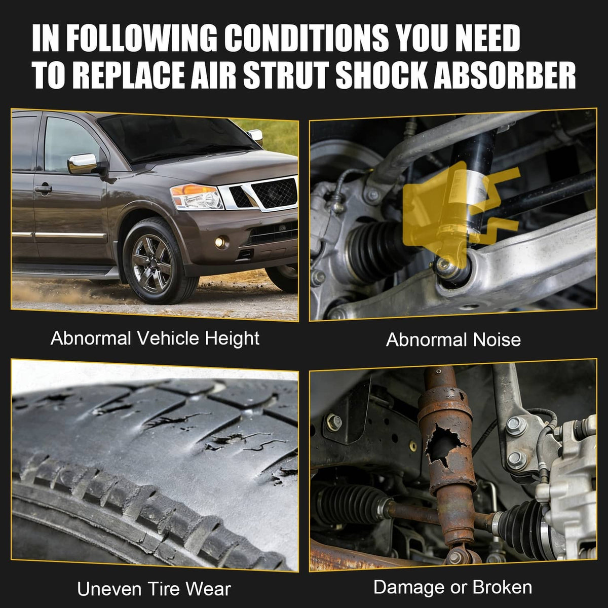 Rear air suspension shock absorber pair, black struts with warning labels and rod ends