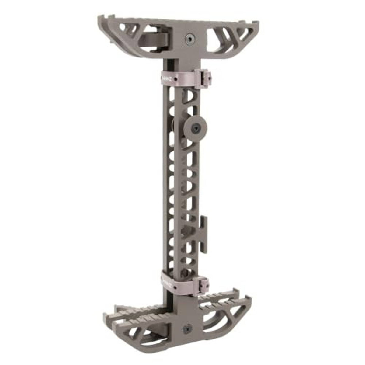 Brown aluminum climbing sticks with ladder rails and secured top and bottom platforms