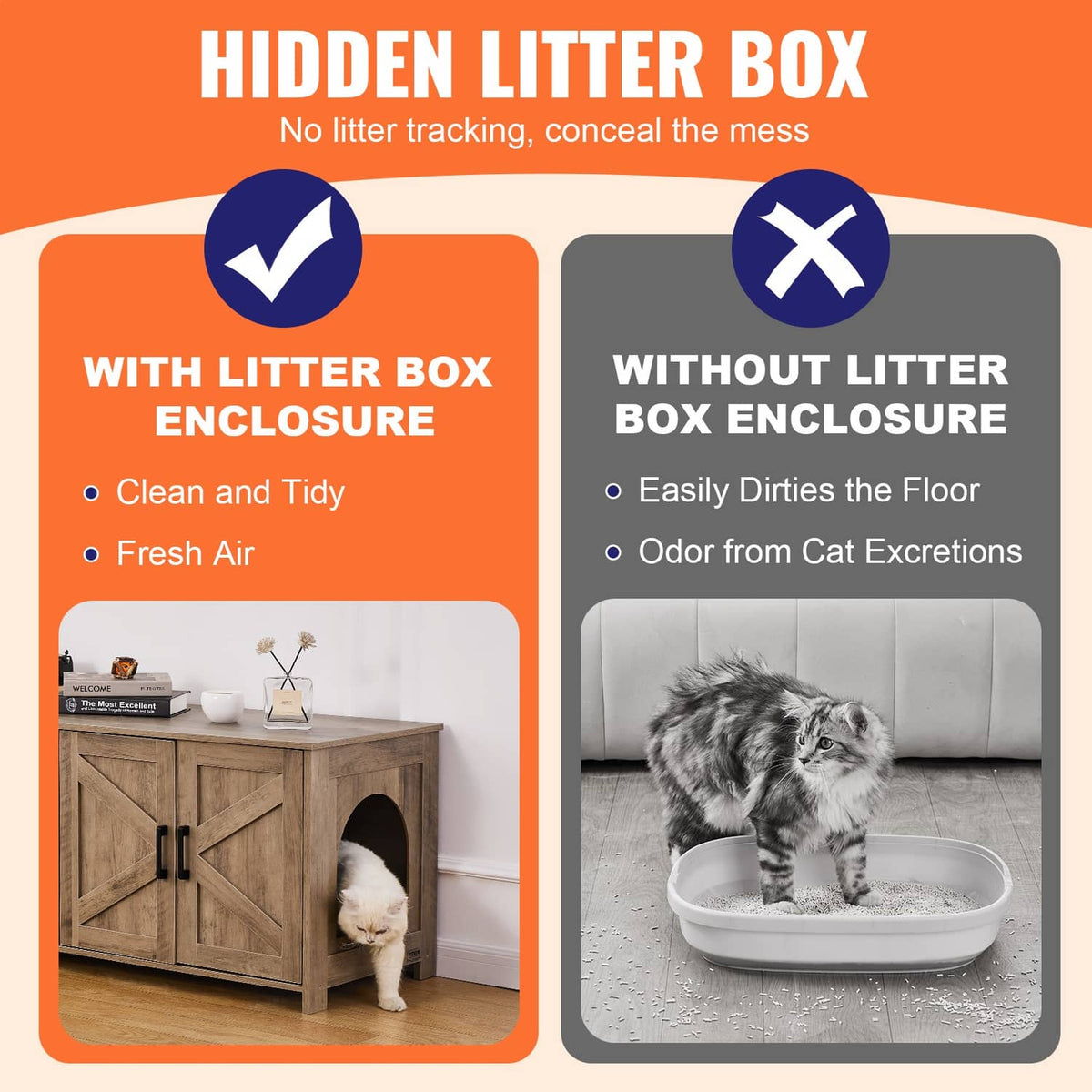 Wooden cat litter box enclosure cabinet with side cat door and two-door front panel