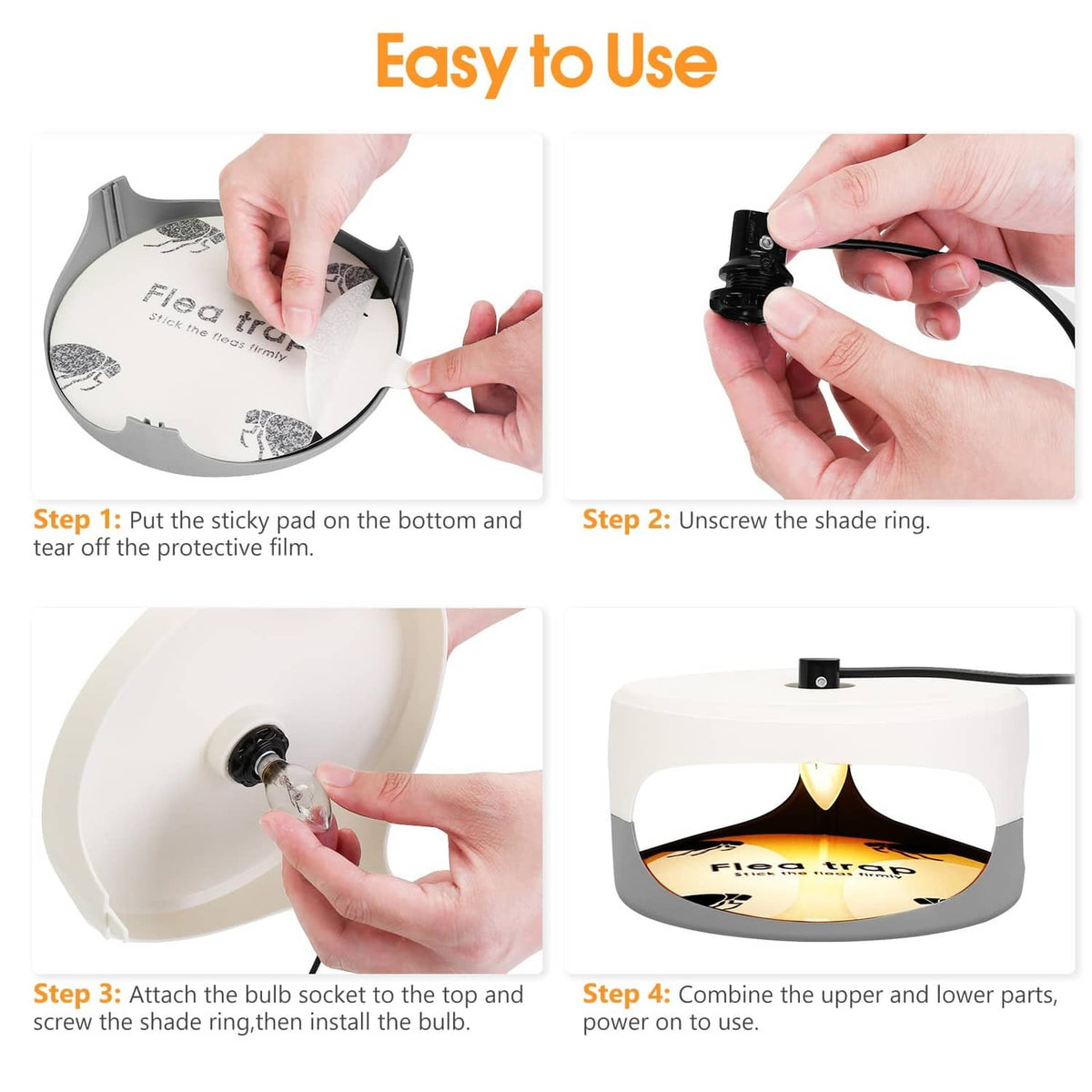 Flea trap sticky pad refill installation steps with hands and round pad