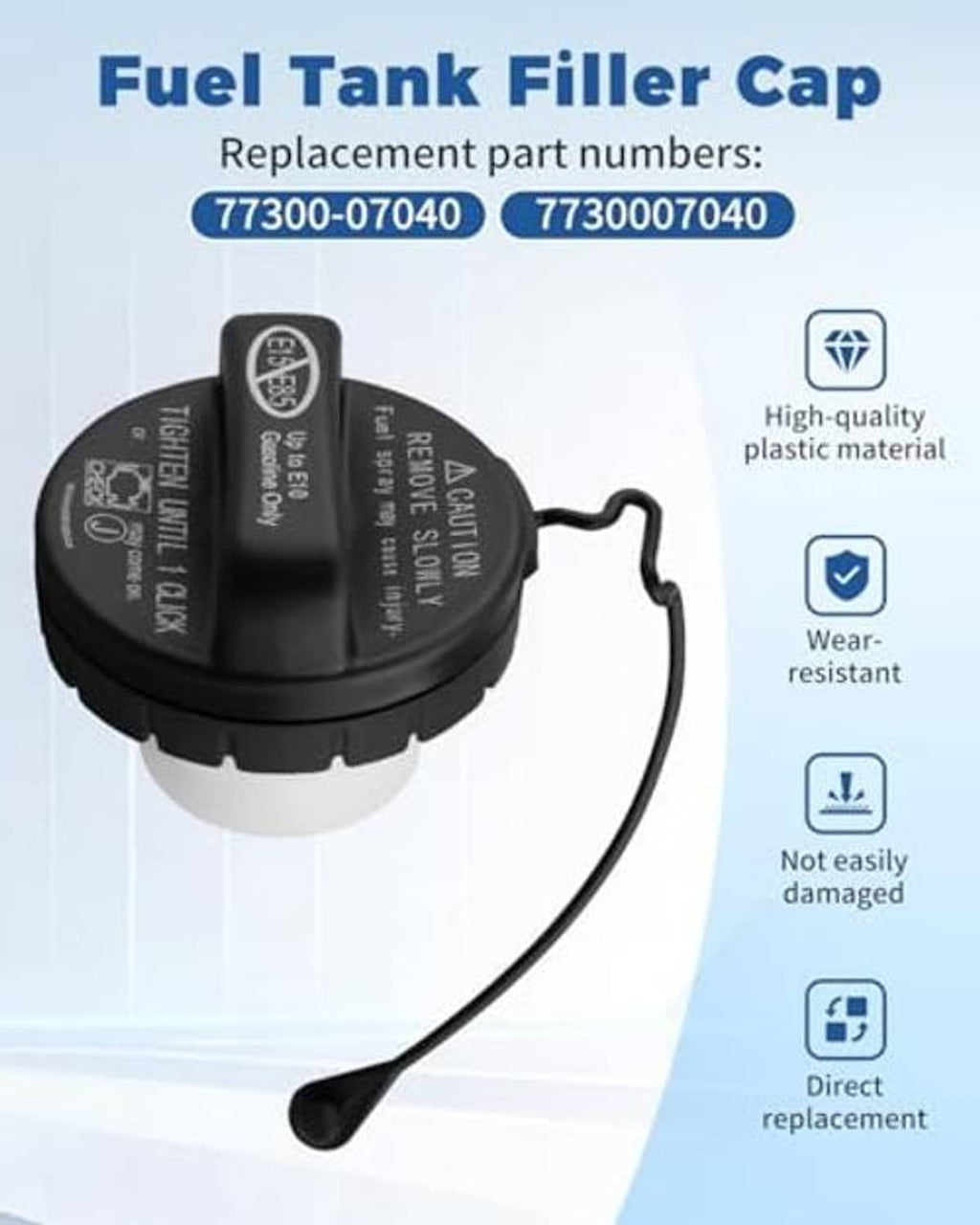 Replacement fuel tank filler cap with tether cord; fits specified Toyota part numbers