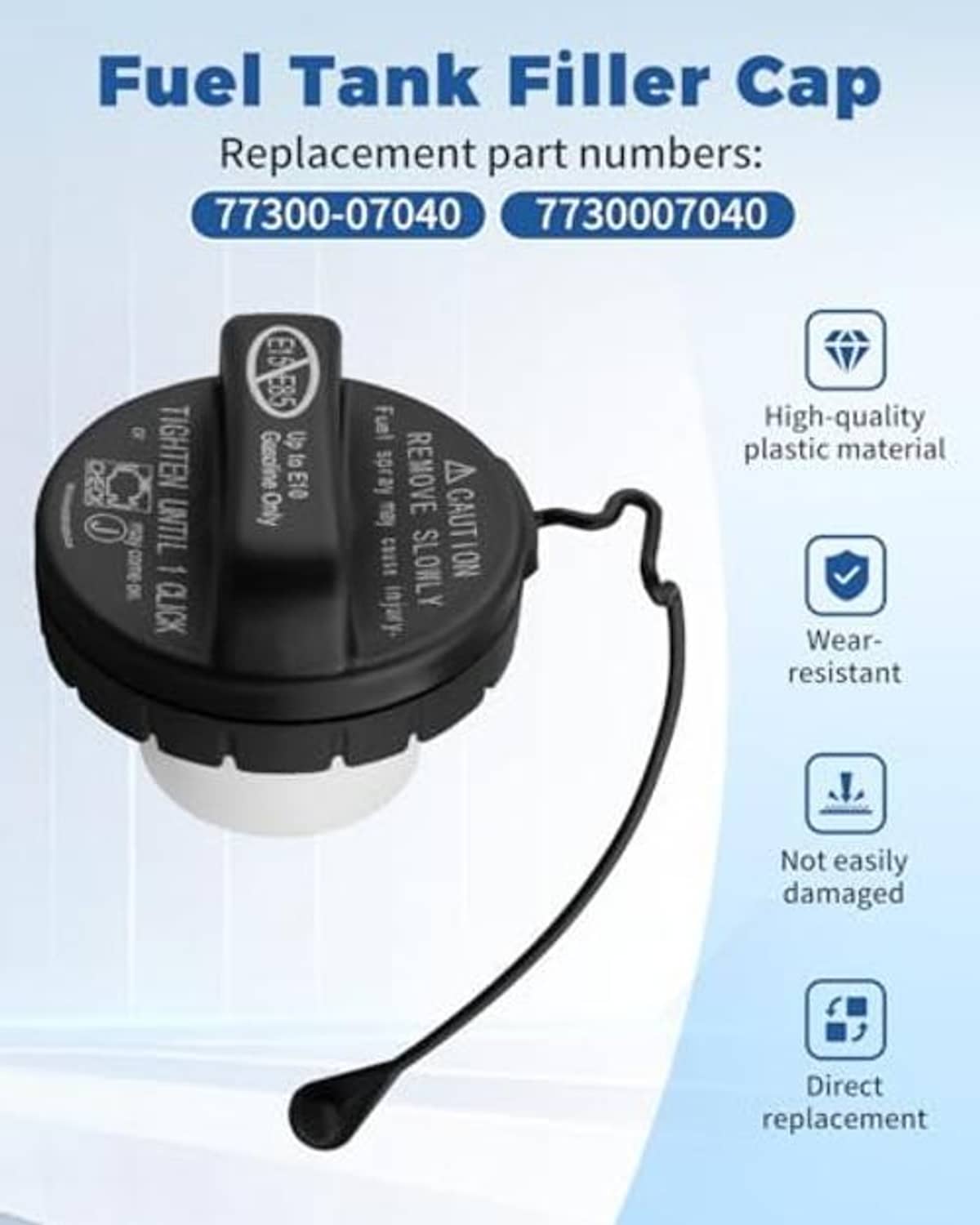 Replacement fuel tank filler cap with tether cord; fits specified Toyota part numbers