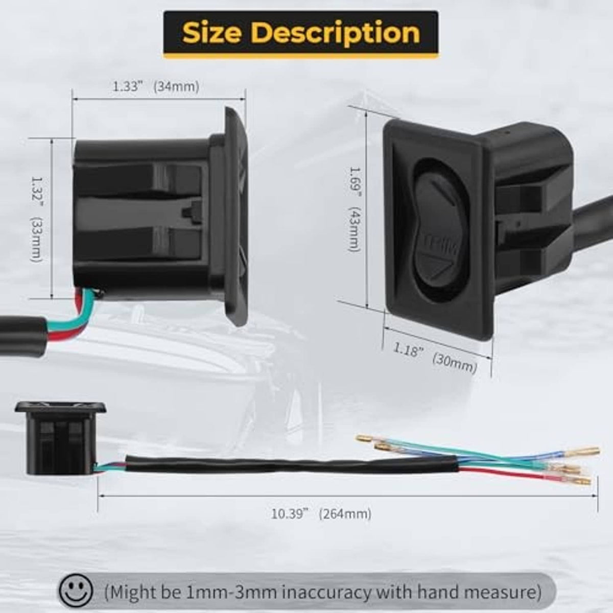Tilt switch and wire harness with front and back measurement diagrams