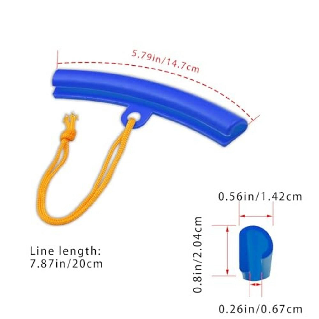 Blue rim protector sleeve with orange cord, size diagram