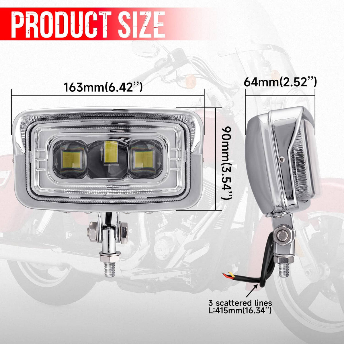 Rectangular LED headlight size diagram showing lens housing and mounting points