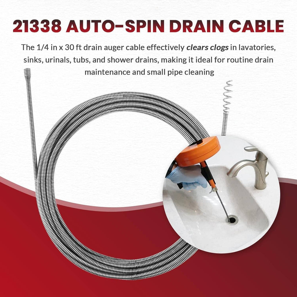 Auto-spin drain cable replacement, large coiled stainless auger line