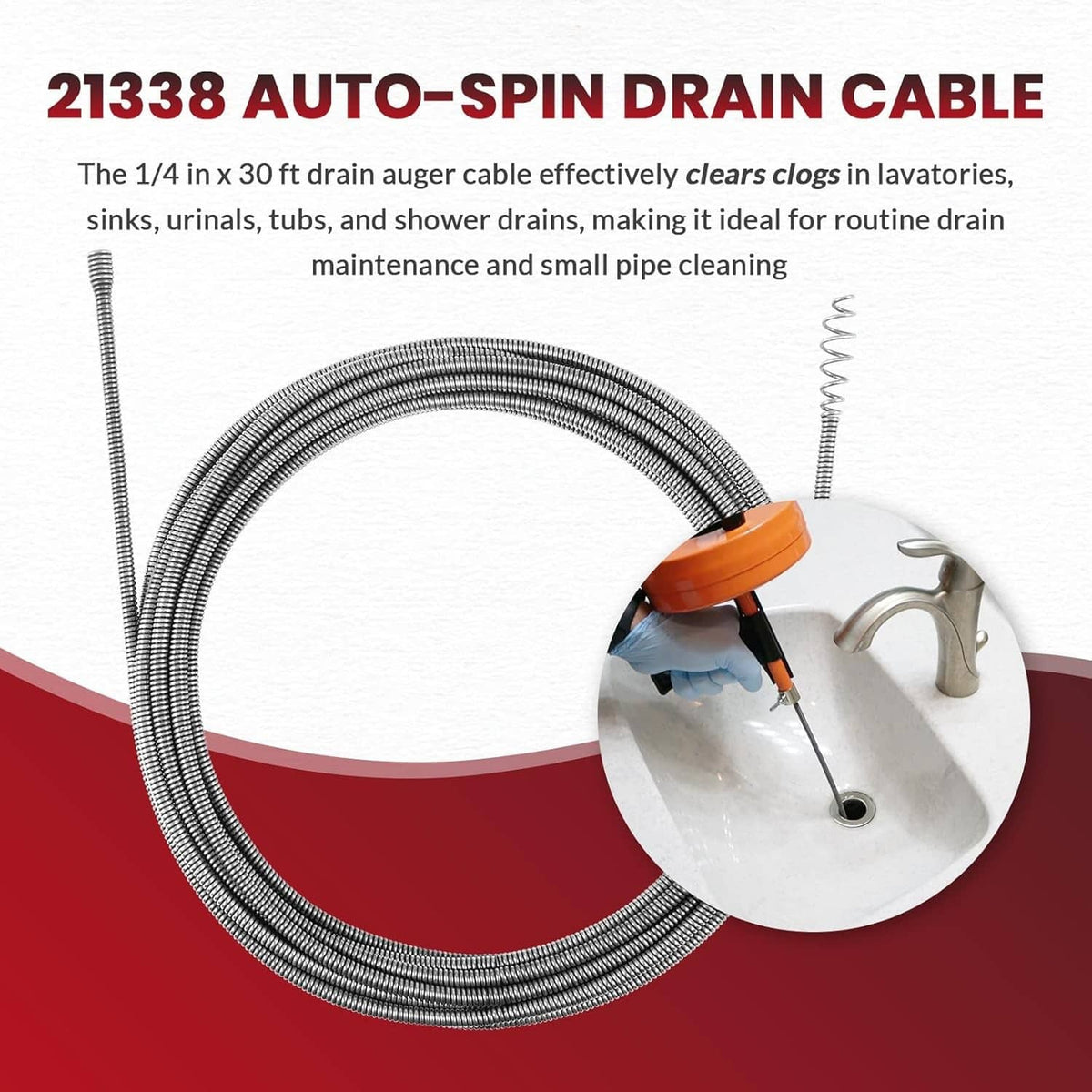 Auto-spin drain cable replacement, large coiled stainless auger line