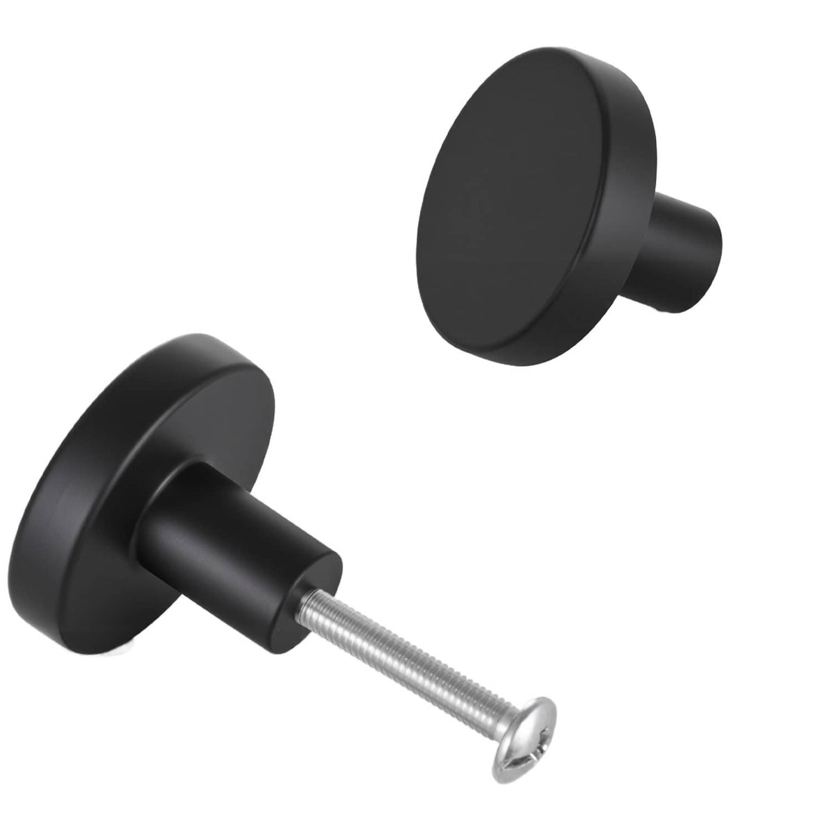 Mushroom cabinet knob with round backplate and threaded mounting screw, dark finish