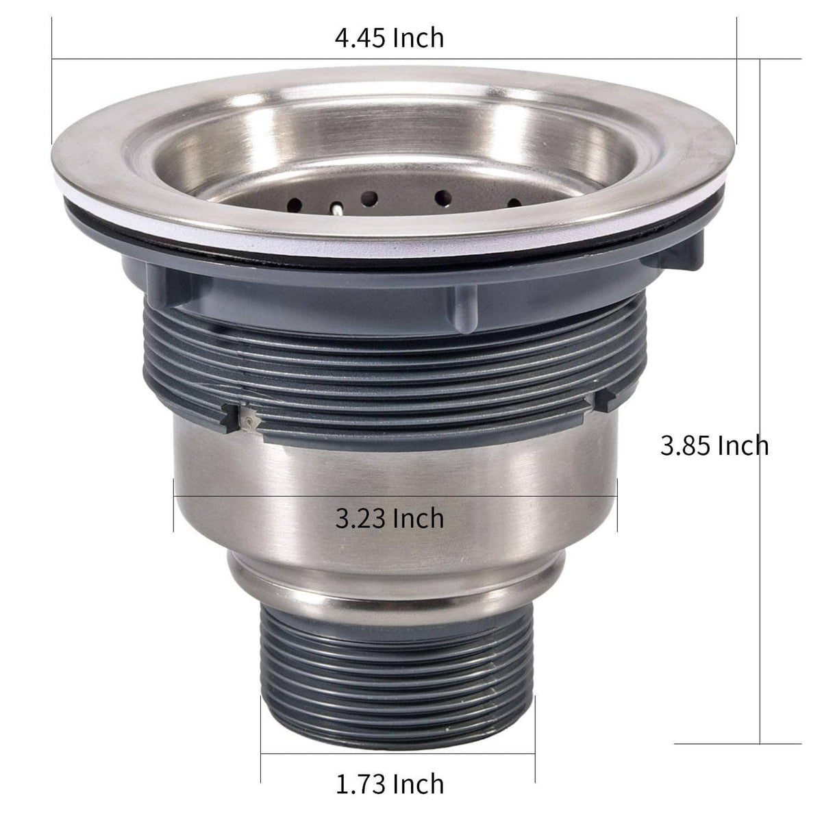 Measured stainless sink drain strainer assembly with strainer insert and threaded base
