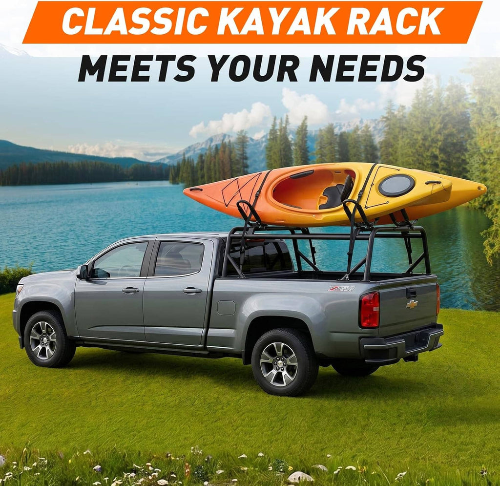Kayak roof rack installed on a car roof with four foam-padded cradles