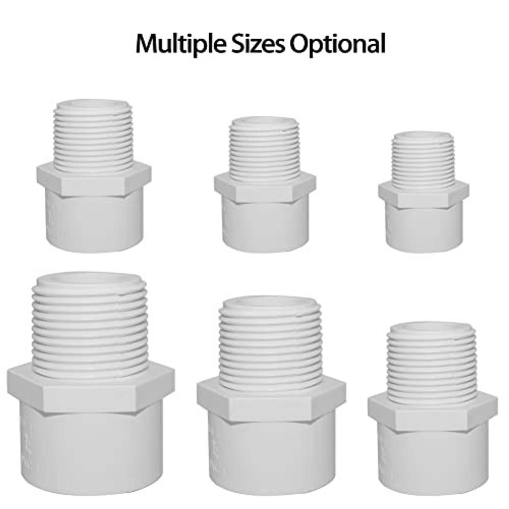 White PVC male NPT adapters in multiple sizes with hex fitting collars