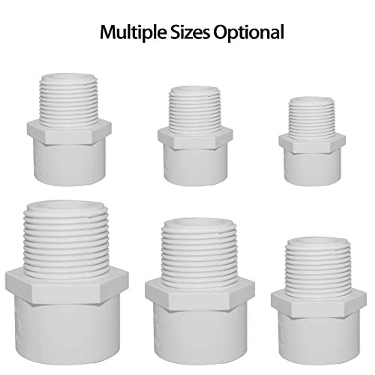 White PVC male NPT adapters in multiple sizes with hex fitting collars