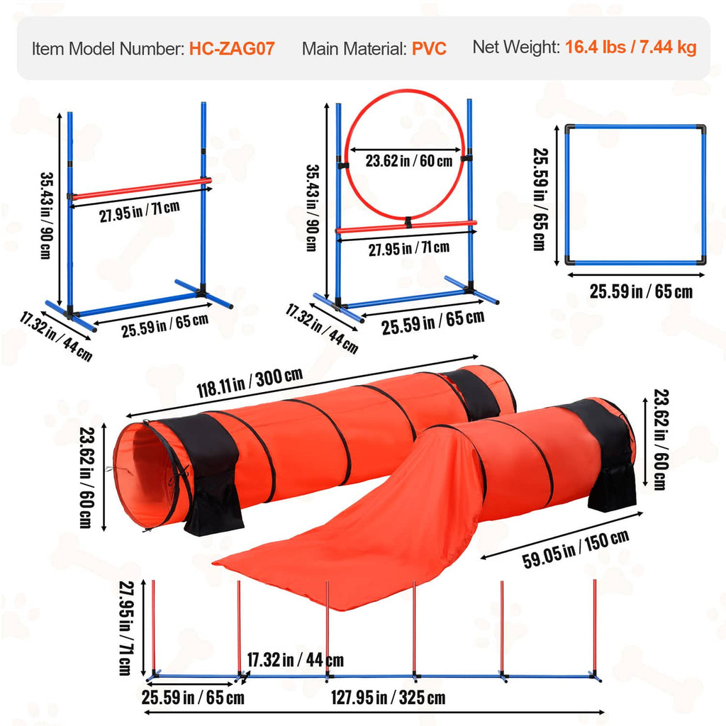 Agility training set size chart with blue hurdle frame and orange crawl tunnel