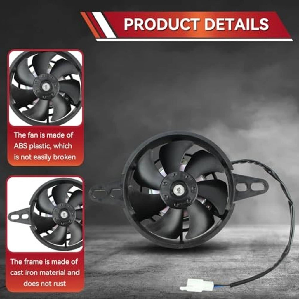 Motorcycle radiator cooling fan detail with four black blades, central hub, and mount tabs