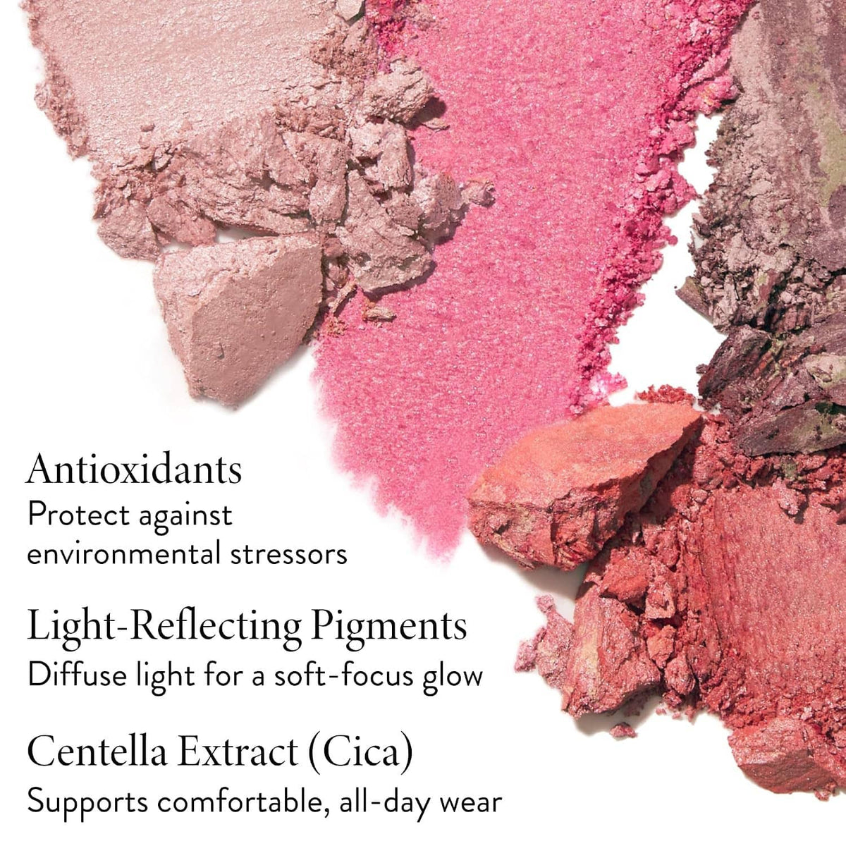 Powder blush swatches with pink coral tones and textured crumb finish