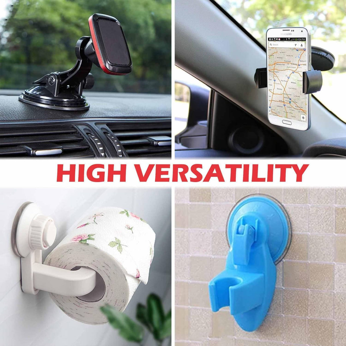 Dashboard and mount adapter pad with suction base, shown holding a smartphone in car.