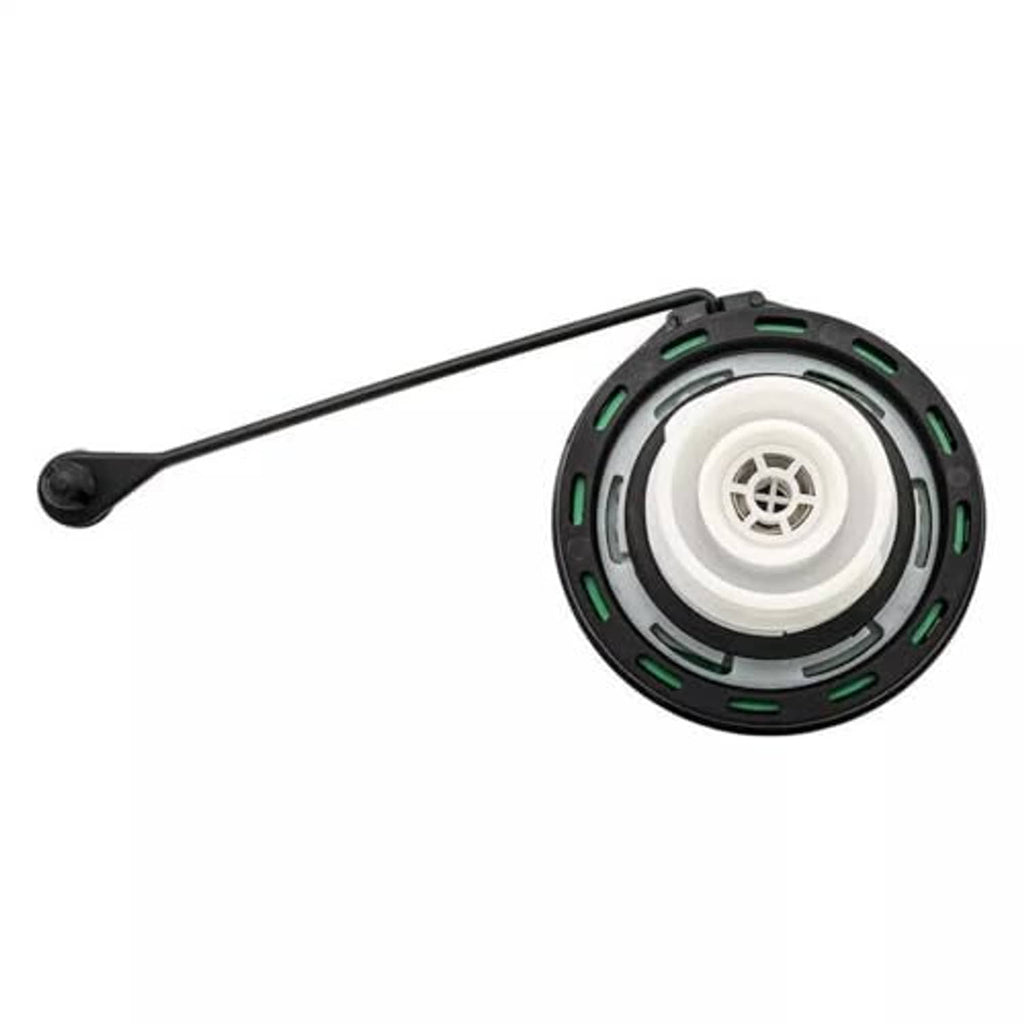 Diesel fuel cap underside with white vent insert, black base, and green detail rings