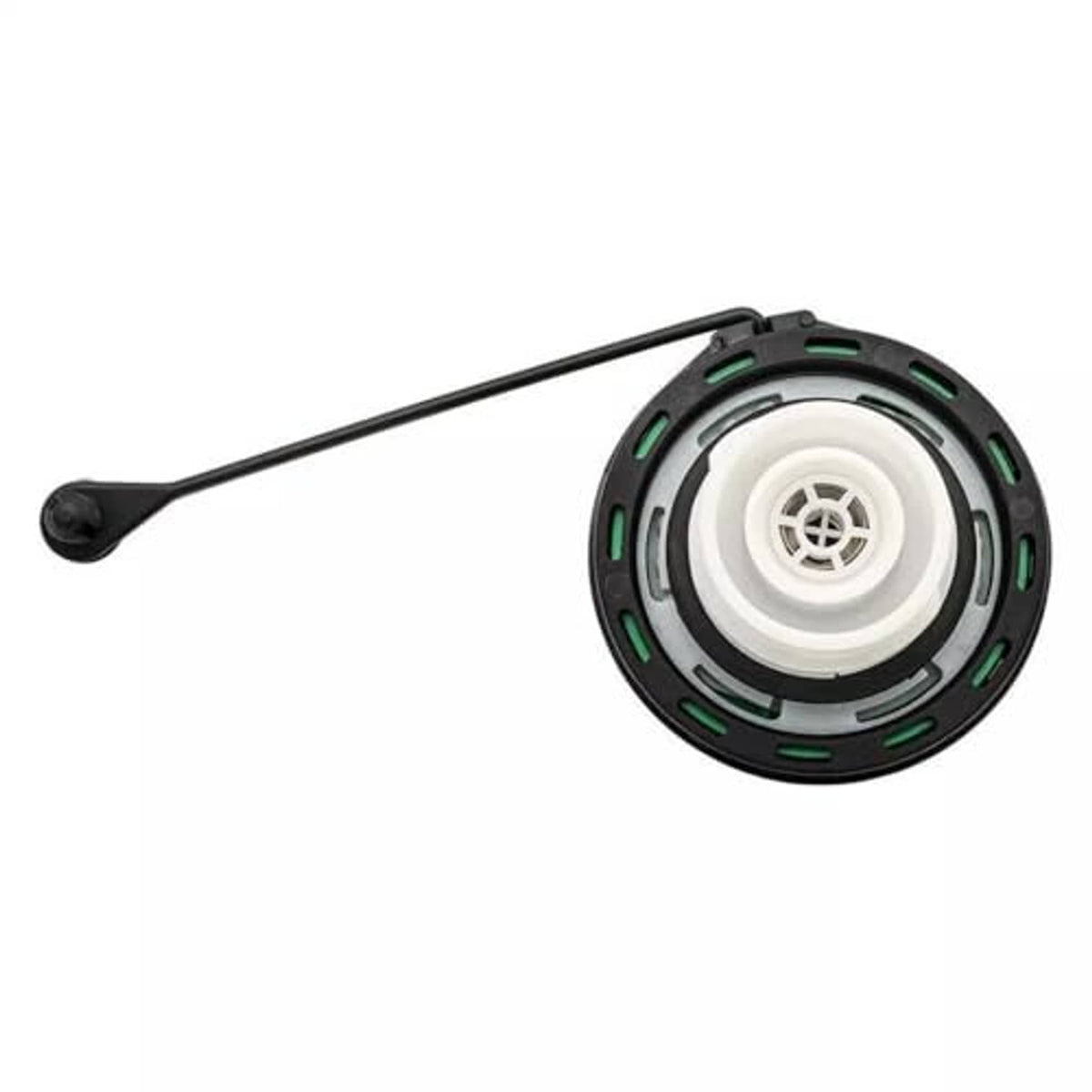 Diesel fuel cap underside with white vent insert, black base, and green detail rings