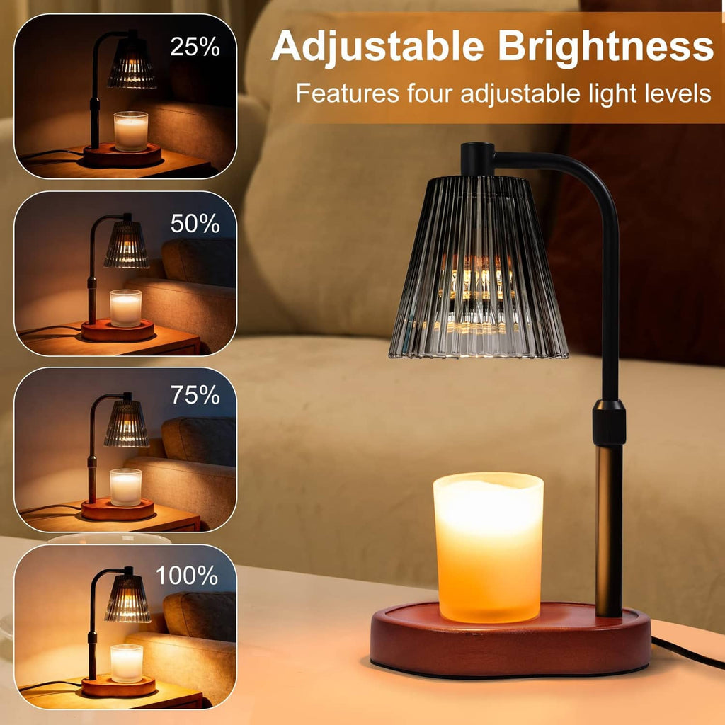 Black candle warmer lamp with glass shade and adjustable brightness, warming a lit candle.