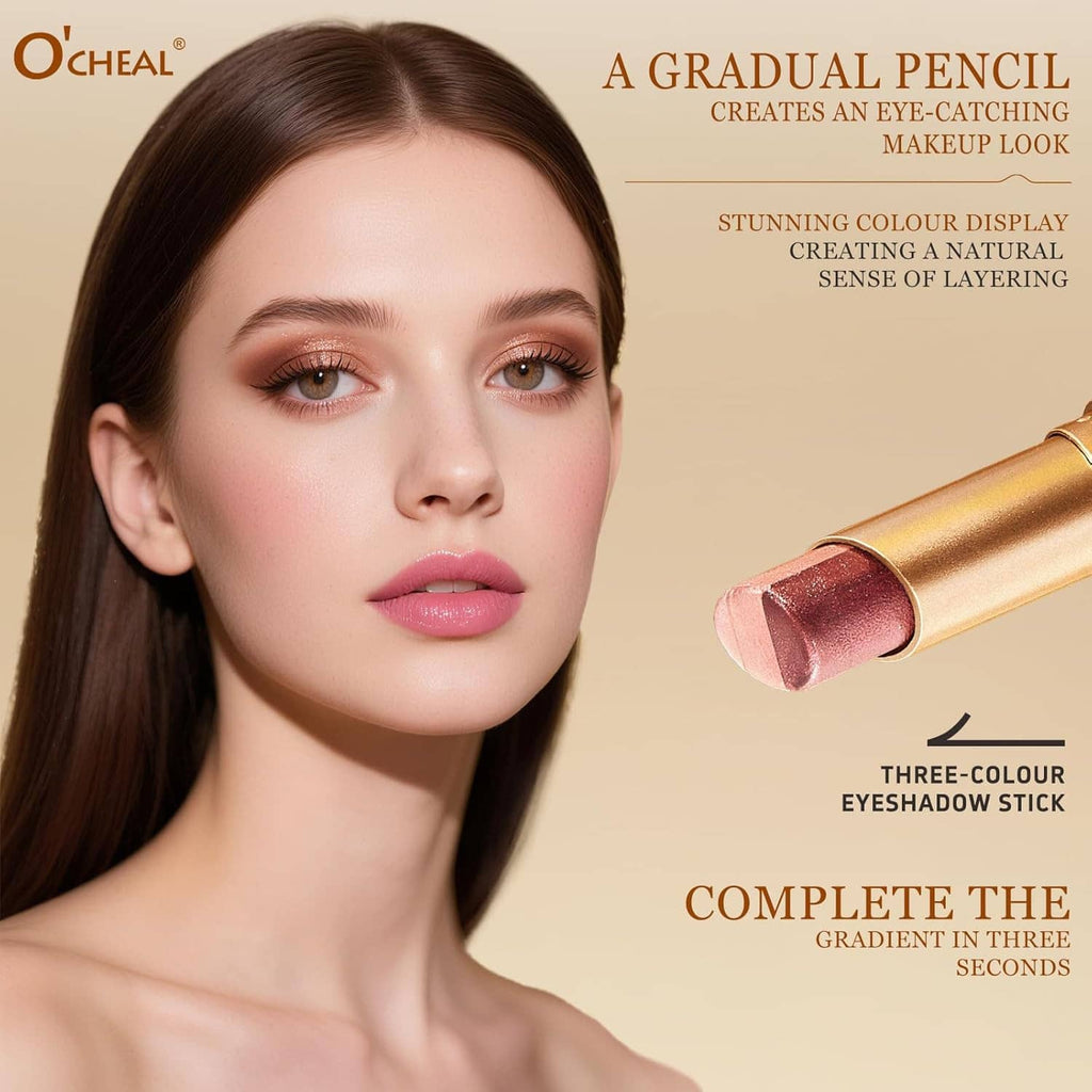O'CHEAL three-color eyeshadow stick with rose-toned makeup look for the eyes