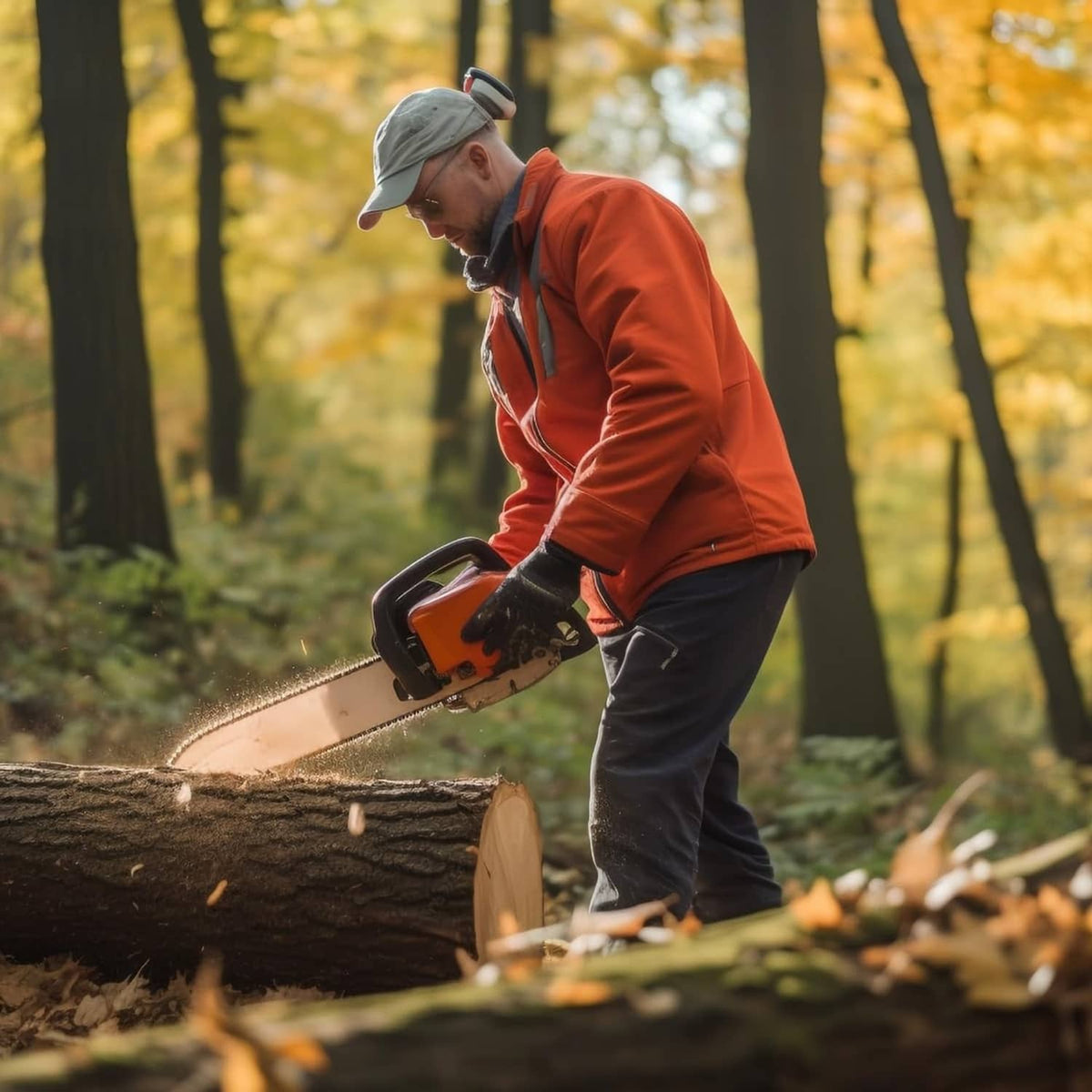Chainsaw with installed chain on a guide bar cutting wood outdoors