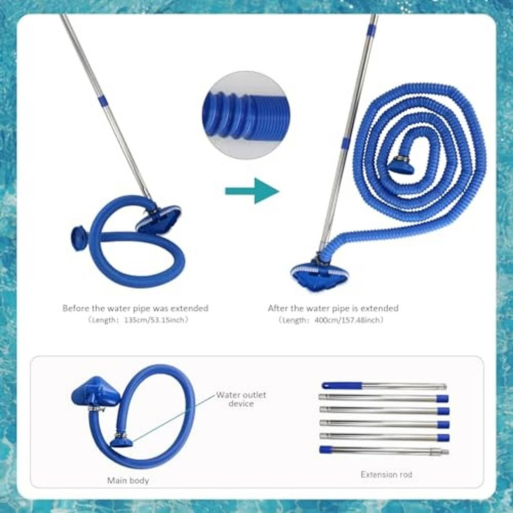 Pool vacuum kit: coiled blue hose, blue suction head, and telescoping extension rods