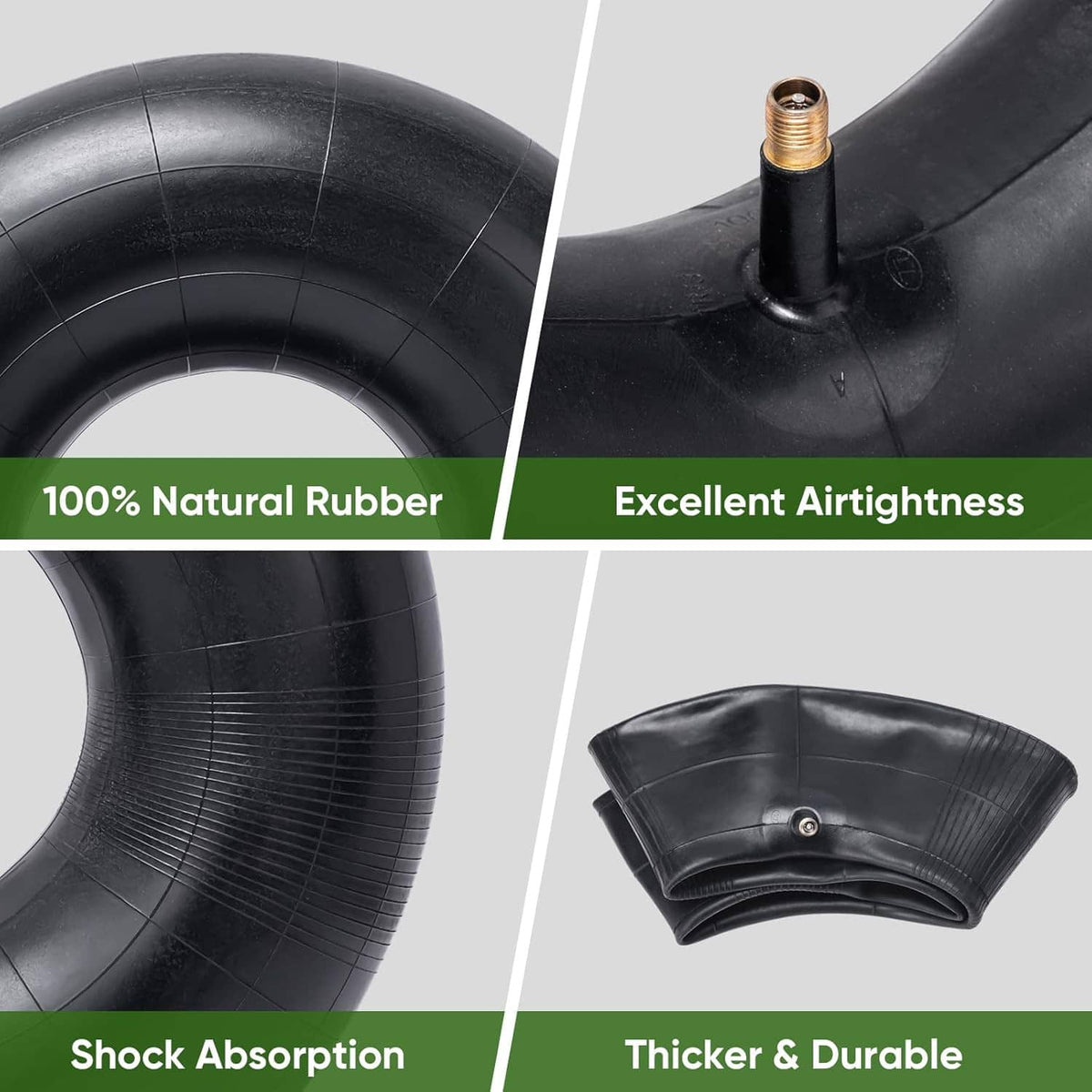 Two black tire inner tubes with visible valve stems and embossed rubber lines