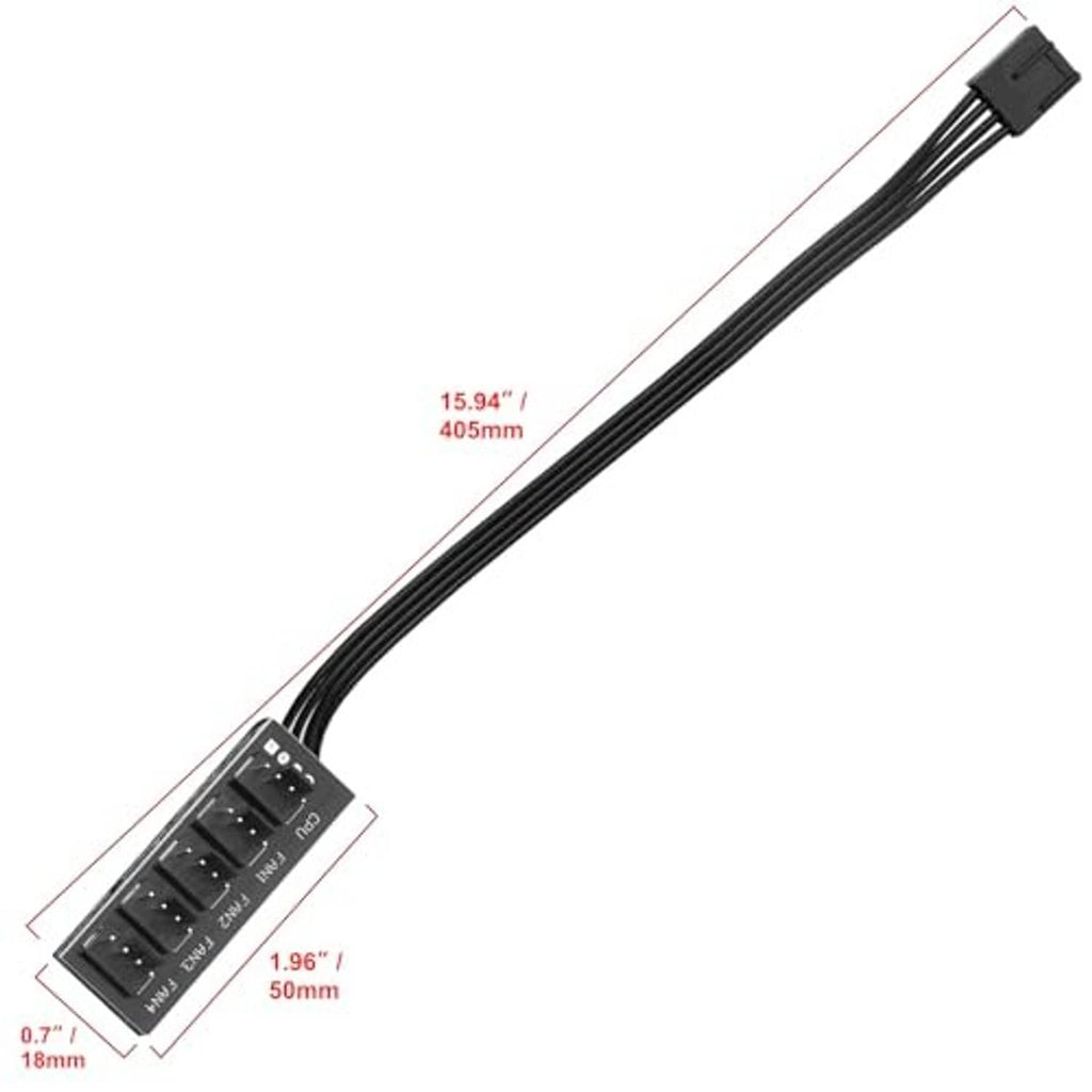 PC fan splitter cable length 405mm; hub size marked 50mm x 18mm