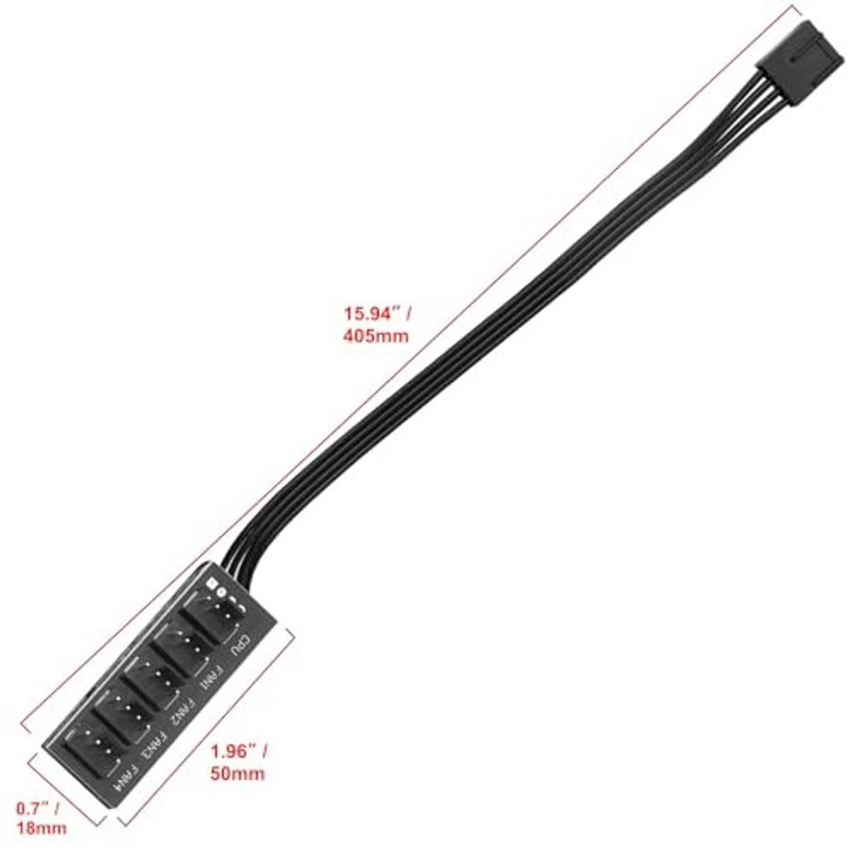 PC fan splitter cable length 405mm; hub size marked 50mm x 18mm