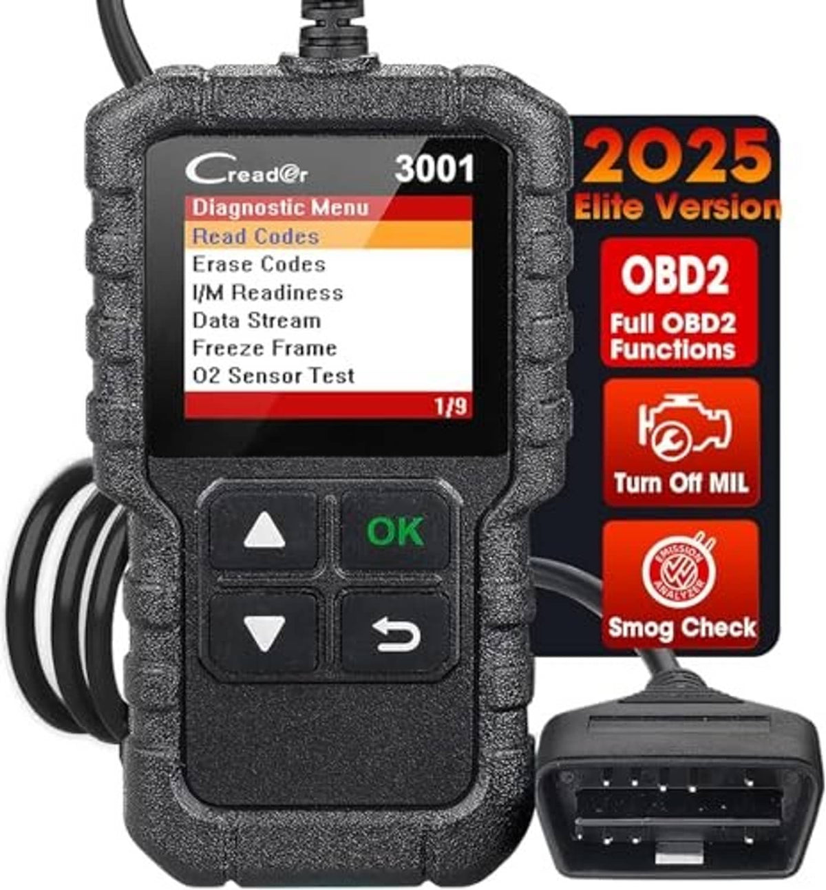 Launch Creader 3001 OBD2 scanner front view with diagnostic menu and cable