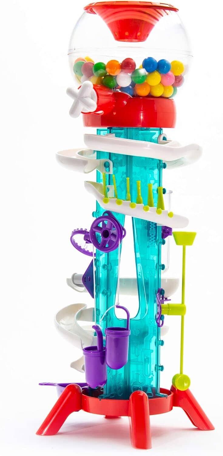 Multi-color gumball machine builder with clear tube, red base, and colorful chutes.