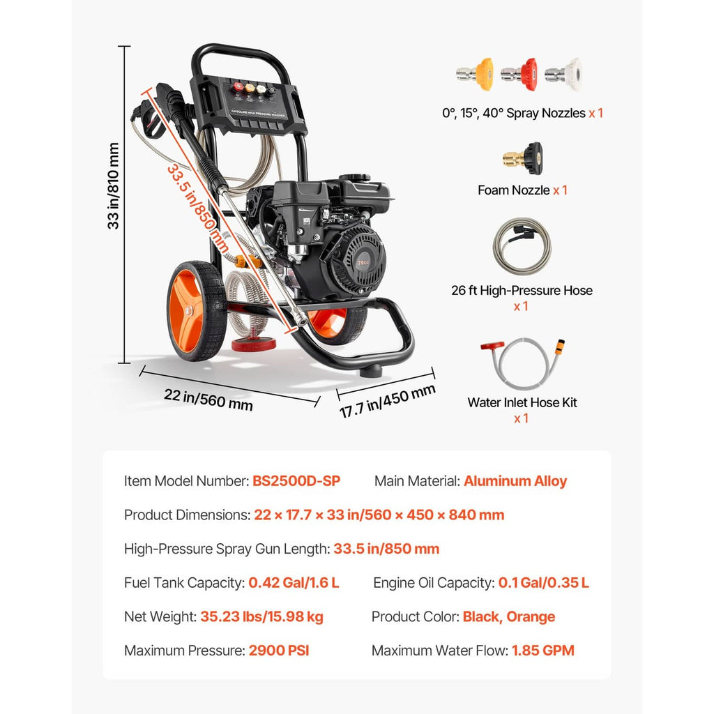 Gas pressure washer with accessory nozzle set, hose kit, and labeled measurements