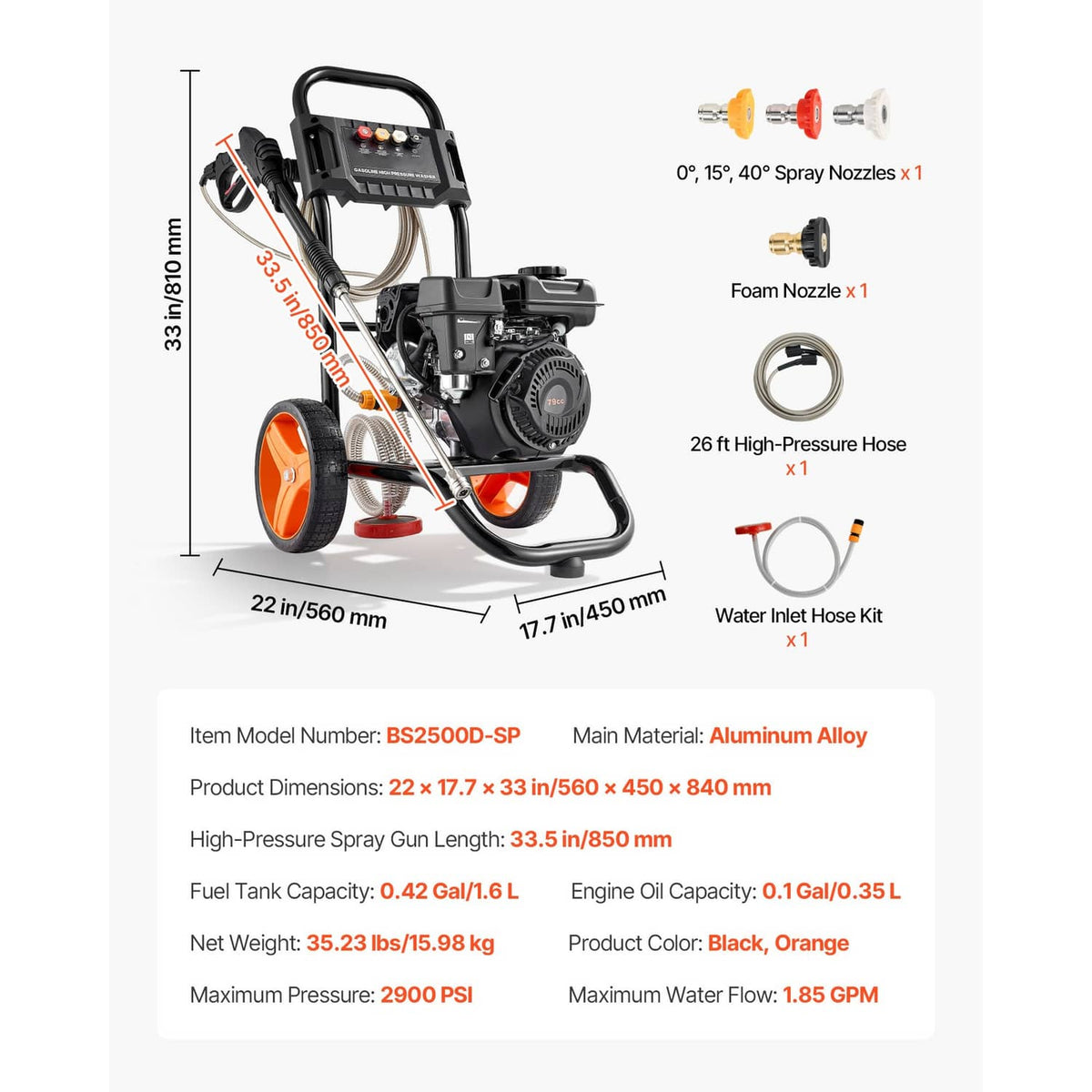 Gas pressure washer with accessory nozzle set, hose kit, and labeled measurements