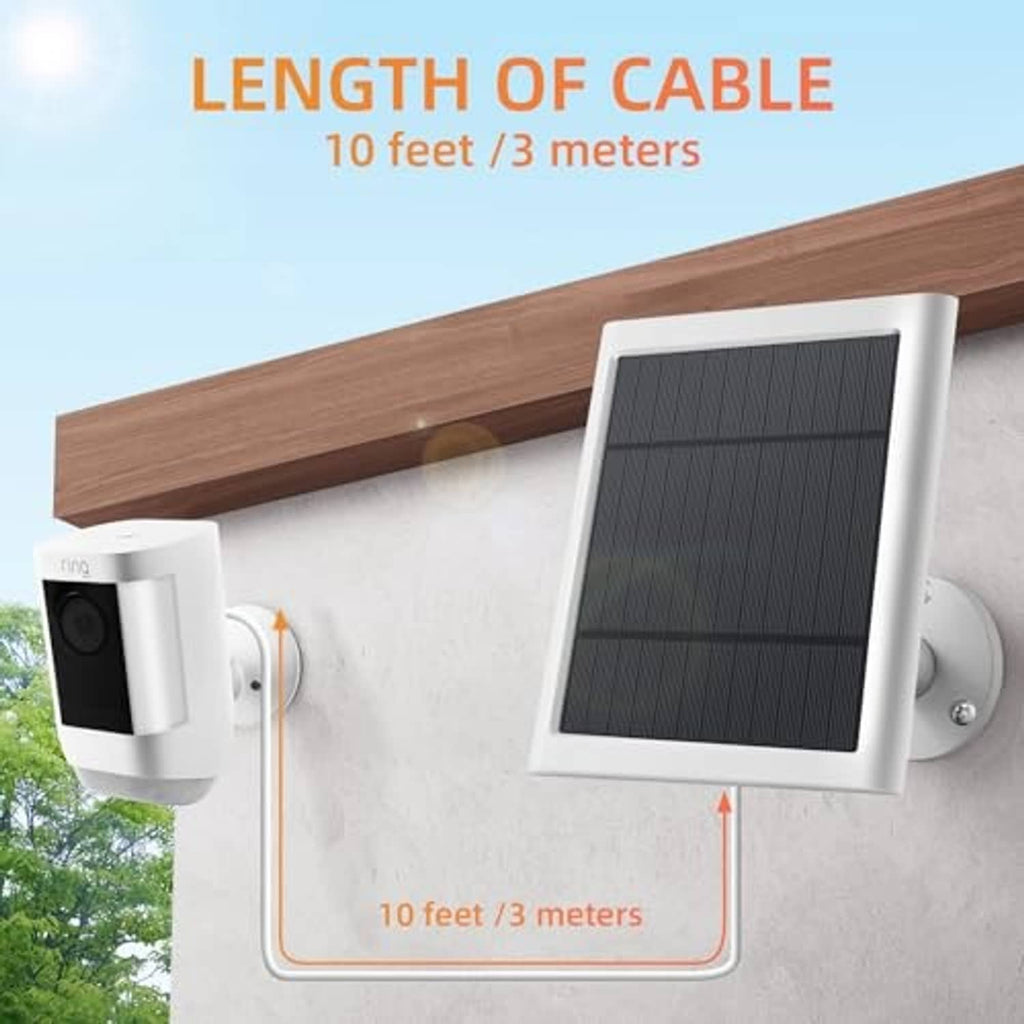Solar panel charger kit with mounted camera solar panel and long white power cable