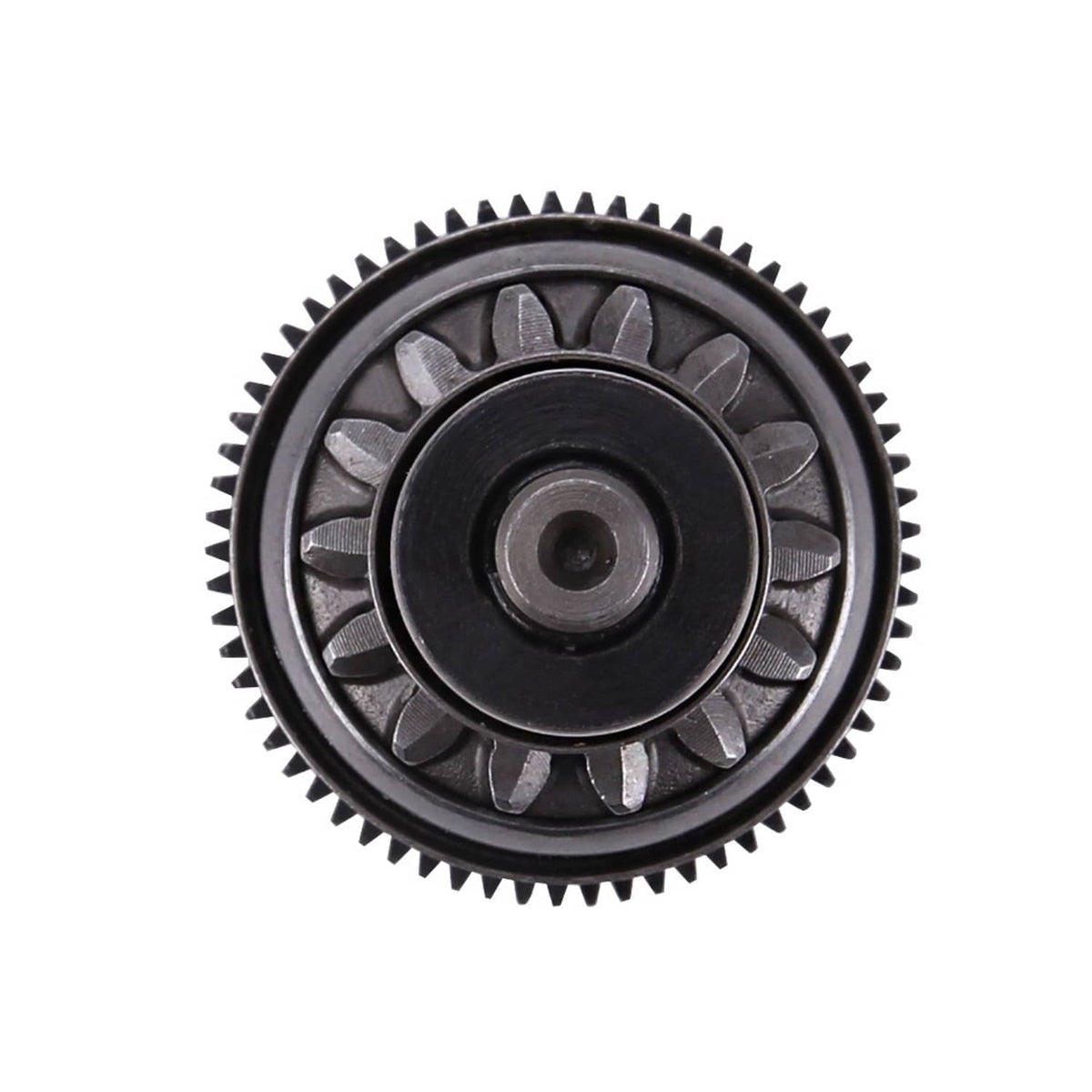 Scooter starter clutch gear front view with black ring and metal pinion teeth